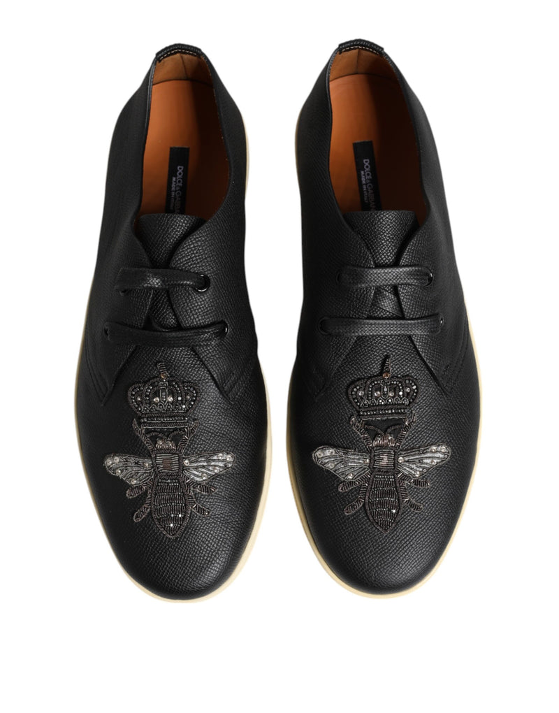 Dolce & Gabbana Black Leather Bee Crown Low Top Sneakers