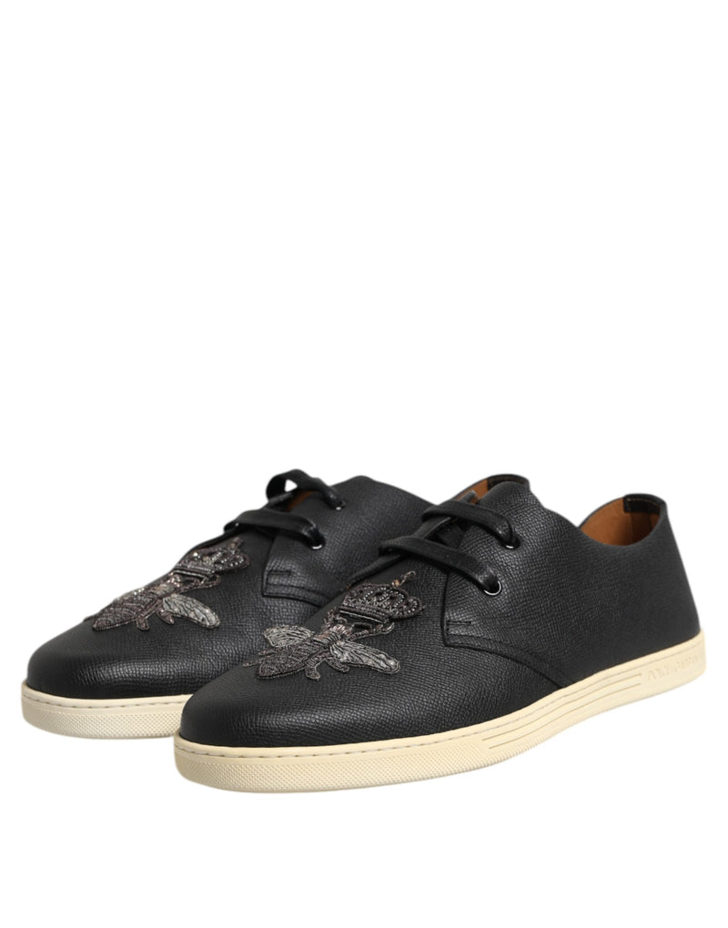 Dolce & Gabbana Black Leather Bee Crown Low Top Sneakers
