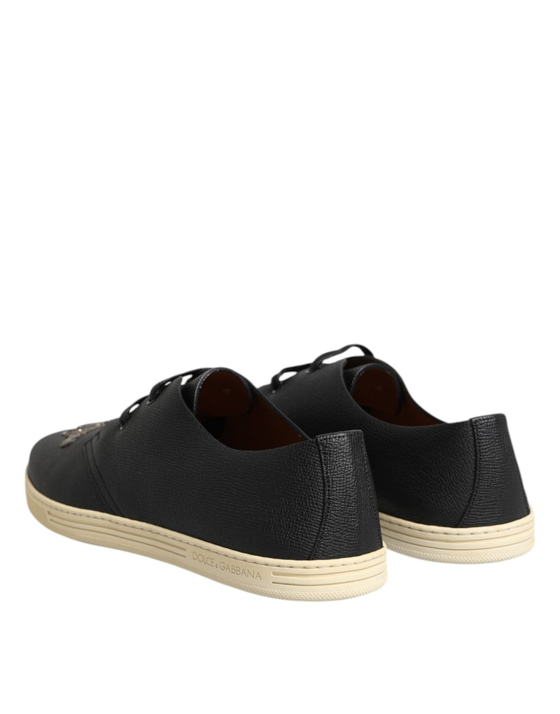 Dolce & Gabbana Black Leather Bee Crown Low Top Sneakers