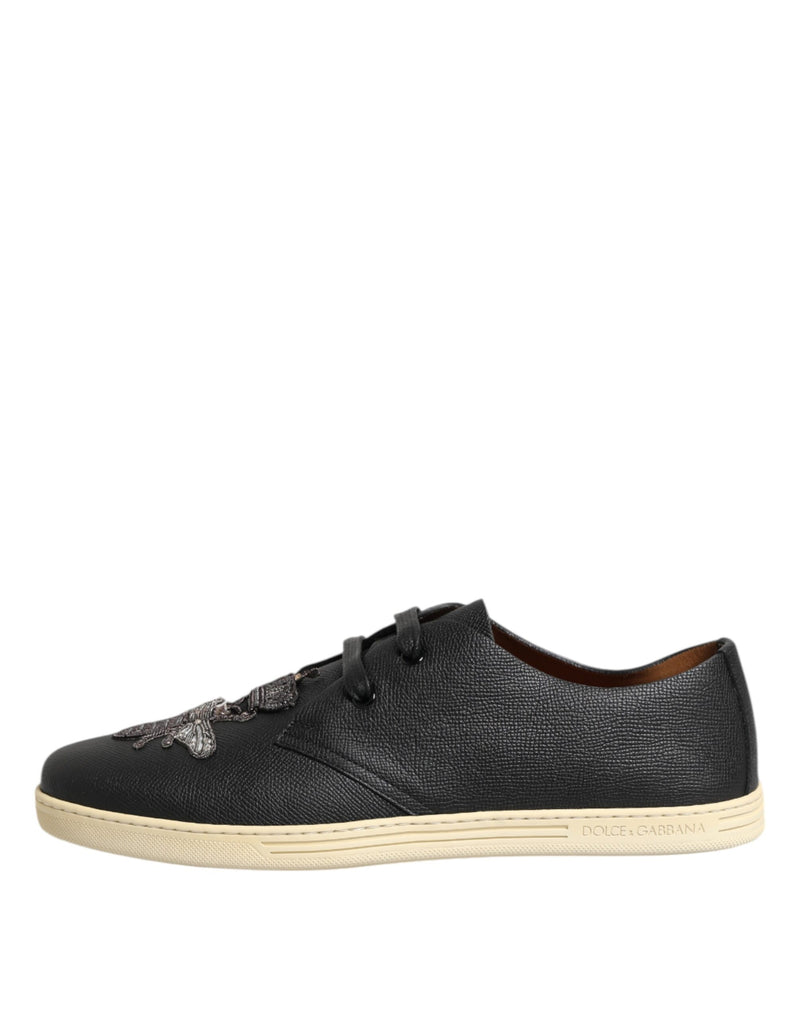 Dolce & Gabbana Black Leather Bee Crown Low Top Sneakers