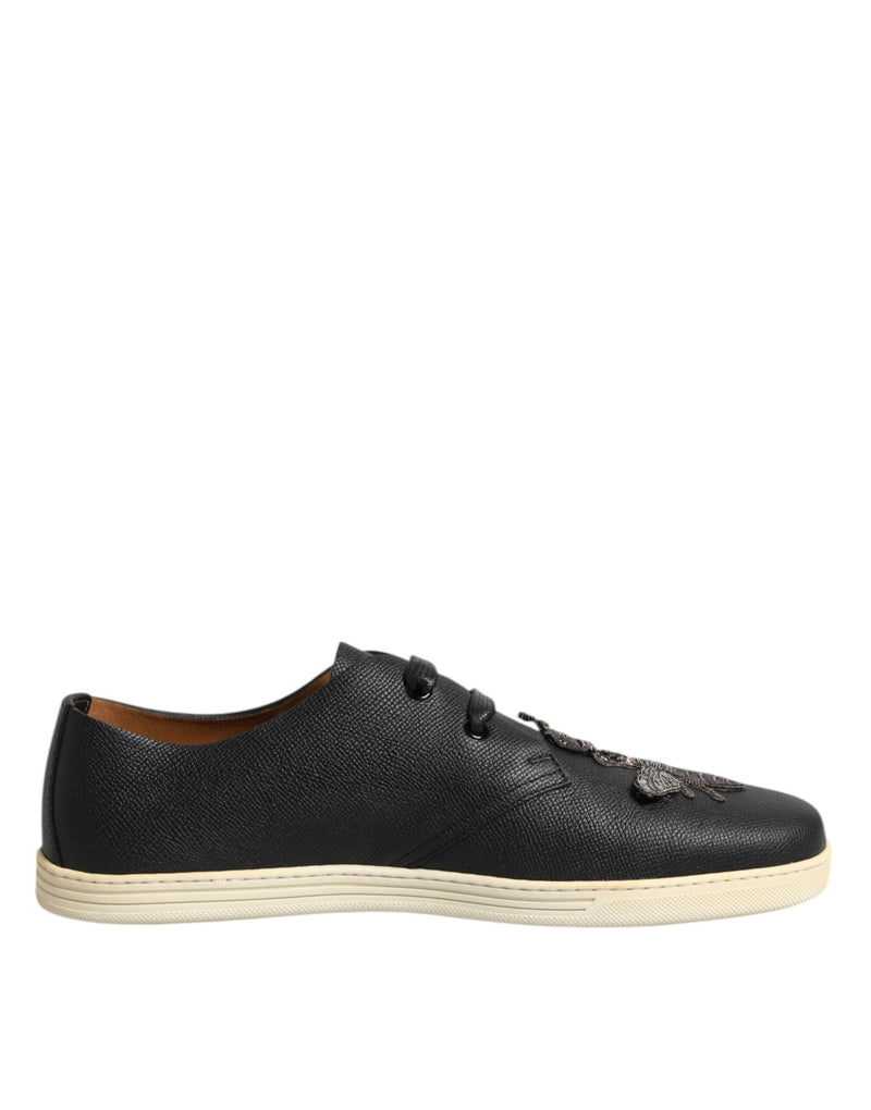 Dolce & Gabbana Black Leather Bee Crown Low Top Sneakers
