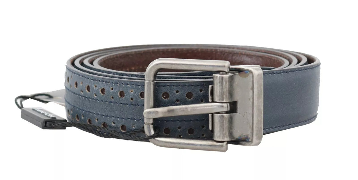 Dolce &amp; Gabbana Blauwe Geperforeerde Leren Grijze Gesp Riem