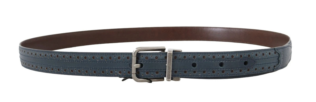 Dolce &amp; Gabbana Blauwe Geperforeerde Leren Grijze Gesp Riem