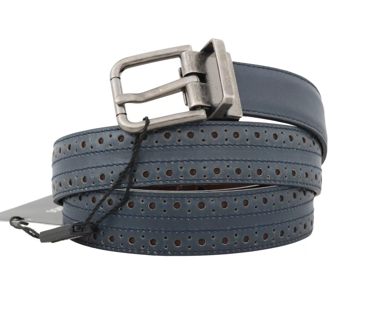 Dolce &amp; Gabbana Blauwe Geperforeerde Leren Grijze Gesp Riem