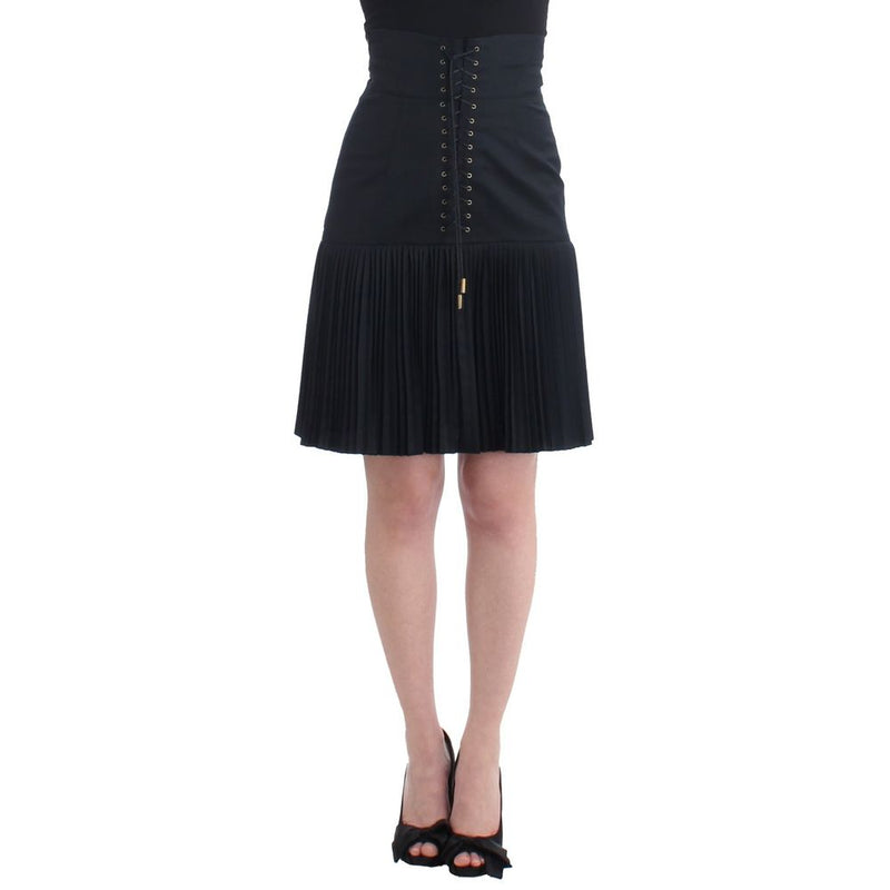 Roberto Cavalli Black Wool Skirt - Pleated Mini with Lace-Up Detail