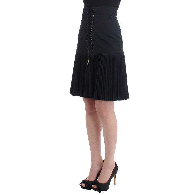 Roberto Cavalli Black Wool Skirt - Pleated Mini with Lace-Up Detail