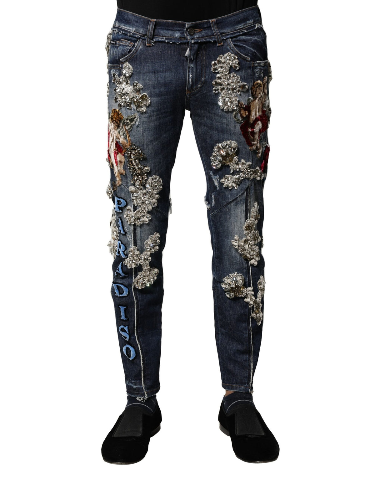 Jeans en jean bleu en coton Dolce &amp; Gabbana ornés de strass