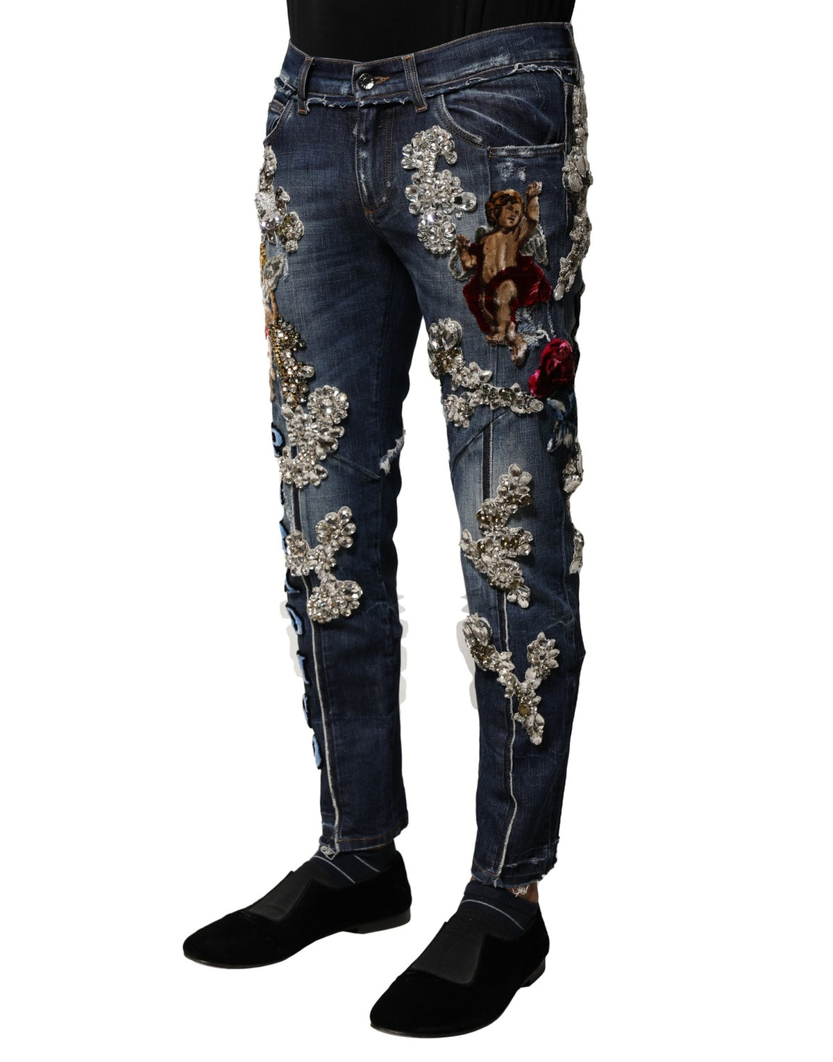 Jeans en jean bleu en coton Dolce &amp; Gabbana ornés de strass