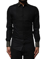 Chemise robe à manches longues en coton noir avec détail doré de Dolce &amp; Gabbana