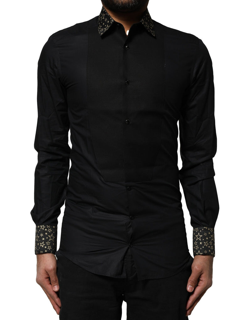 Chemise robe à manches longues en coton noir avec détail doré de Dolce &amp; Gabbana