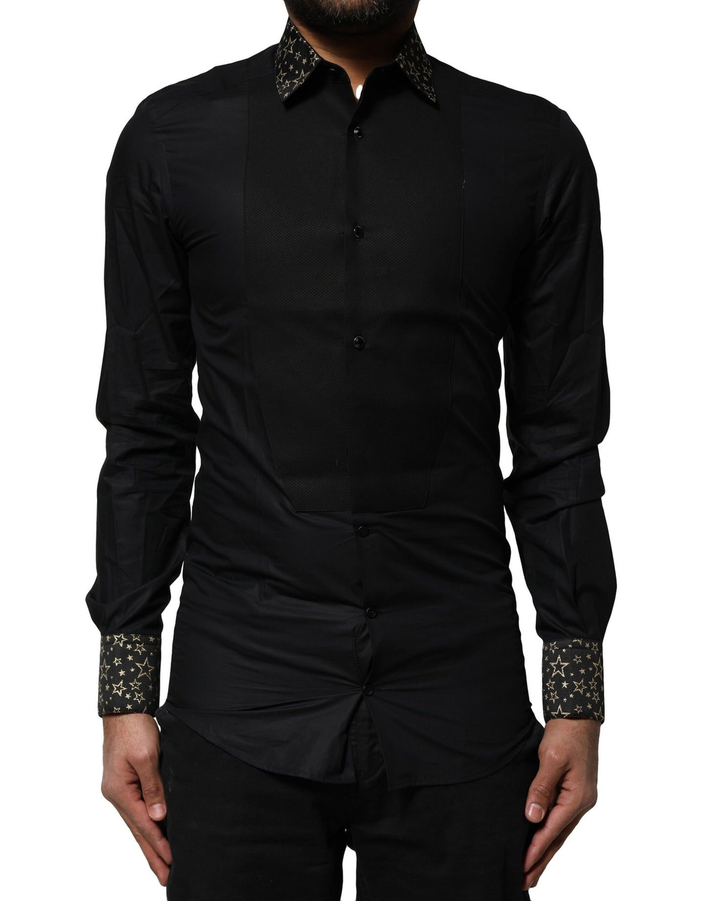Chemise robe à manches longues en coton noir avec détail doré de Dolce &amp; Gabbana