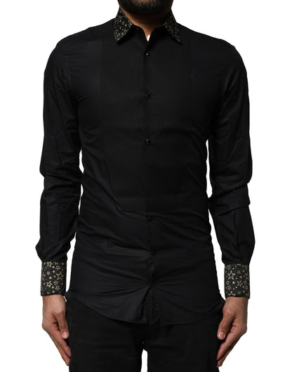 Chemise robe à manches longues en coton noir avec détail doré de Dolce &amp; Gabbana