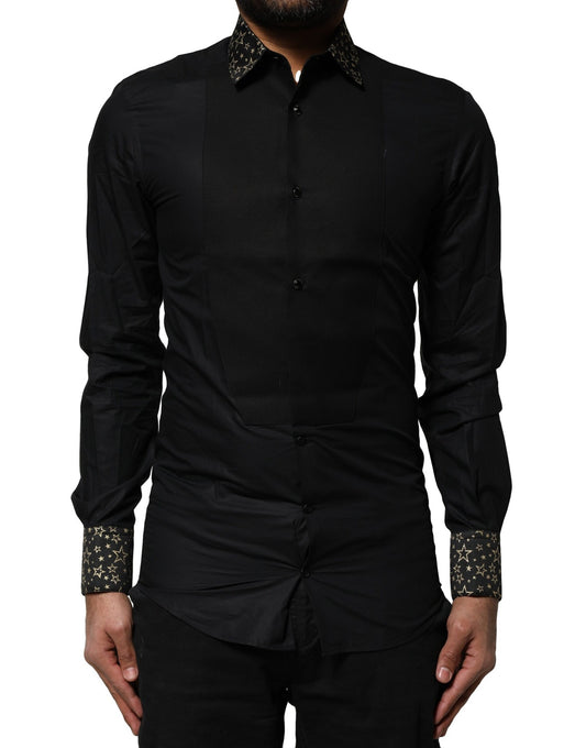 Chemise robe à manches longues en coton noir avec détail doré de Dolce & Gabbana