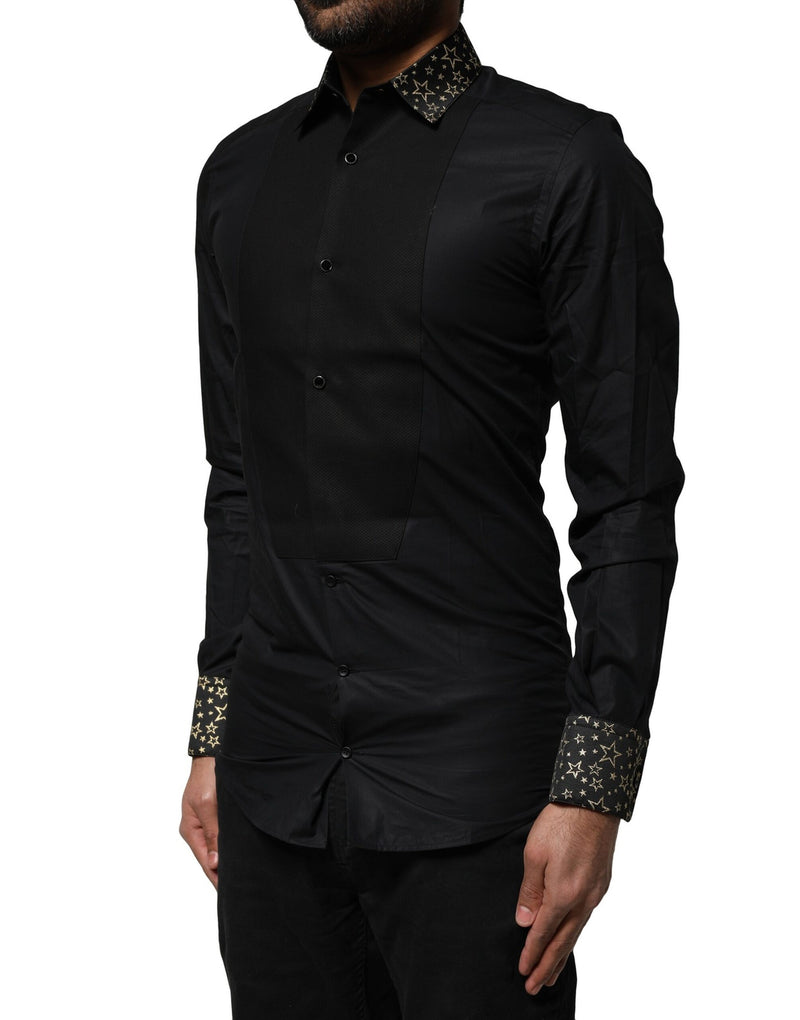 Chemise robe à manches longues en coton noir avec détail doré de Dolce &amp; Gabbana