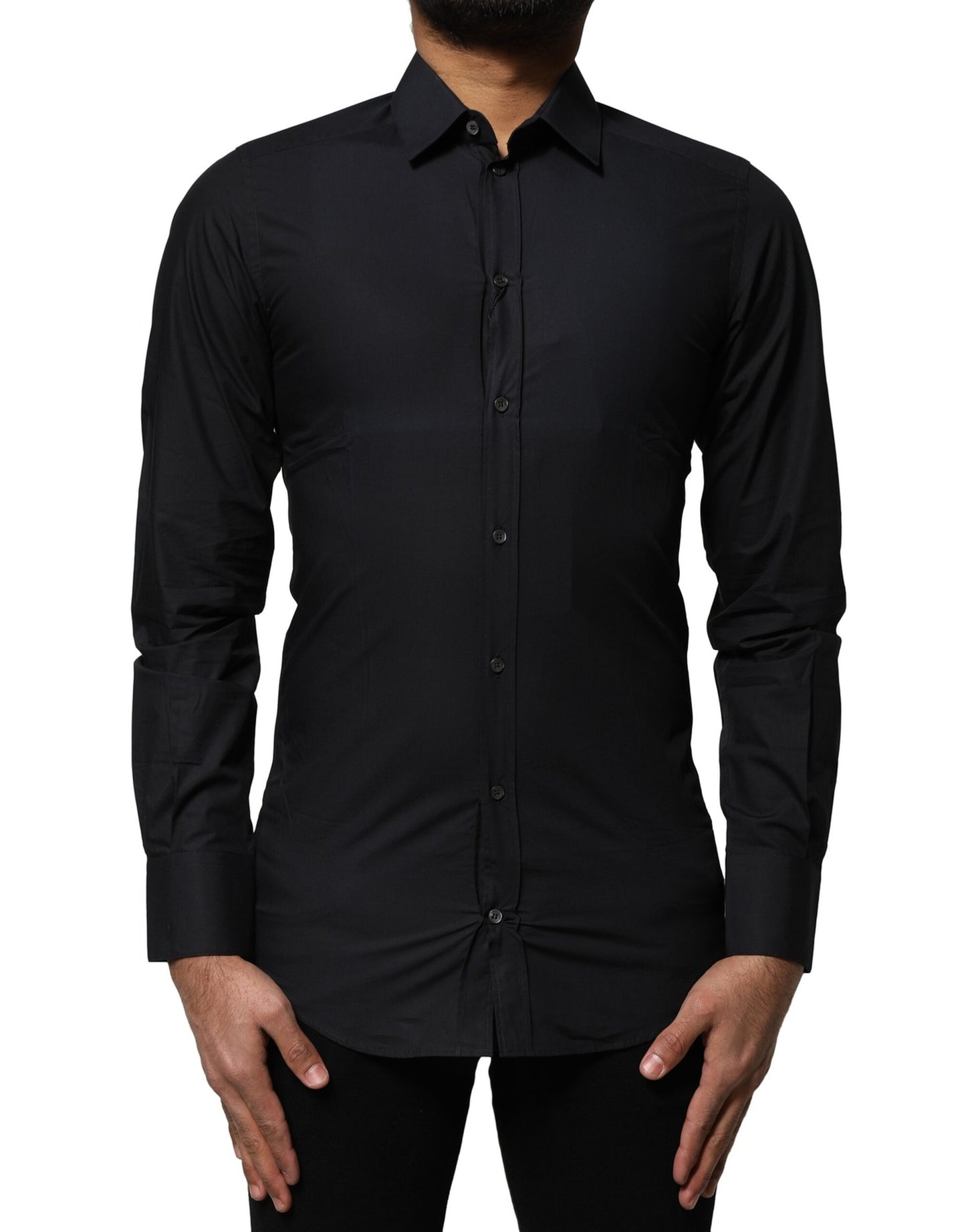 Chemise robe à manches longues en coton noir avec détail doré de Dolce &amp; Gabbana