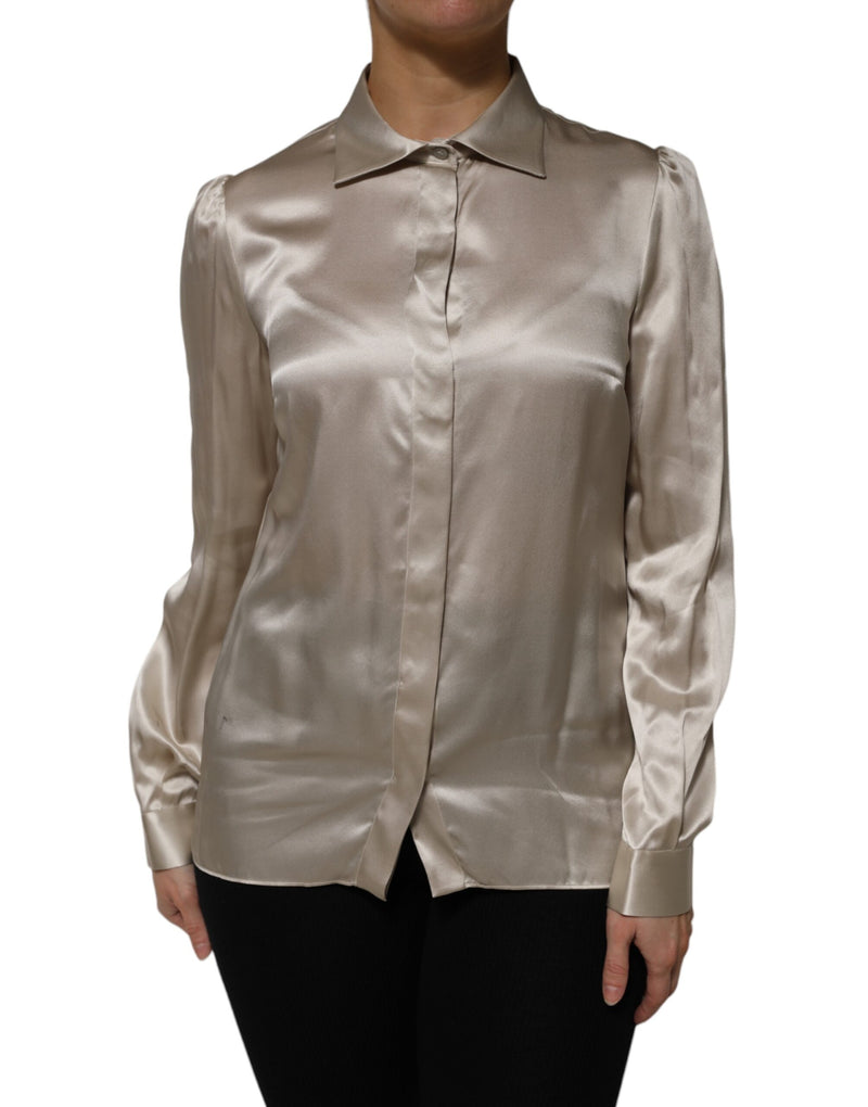 Dolce & Gabbana Top Long Manches Collier Satin Soie Beige