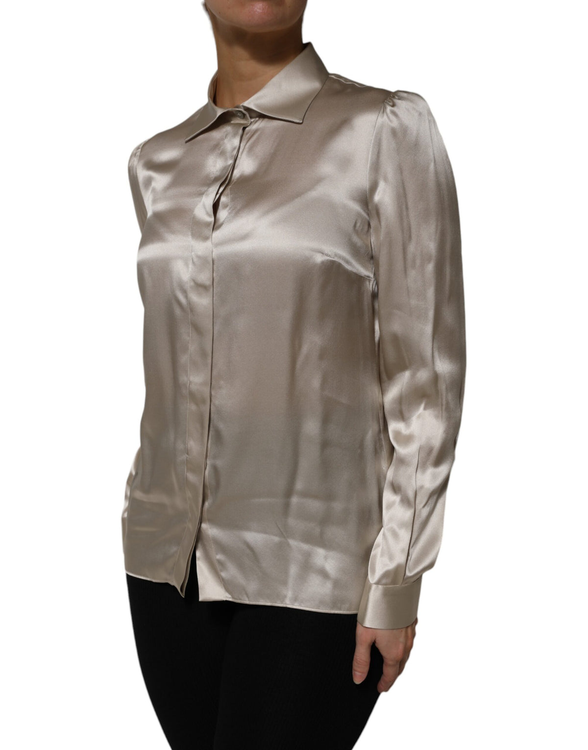 Dolce & Gabbana Top Long Manches Collier Satin Soie Beige