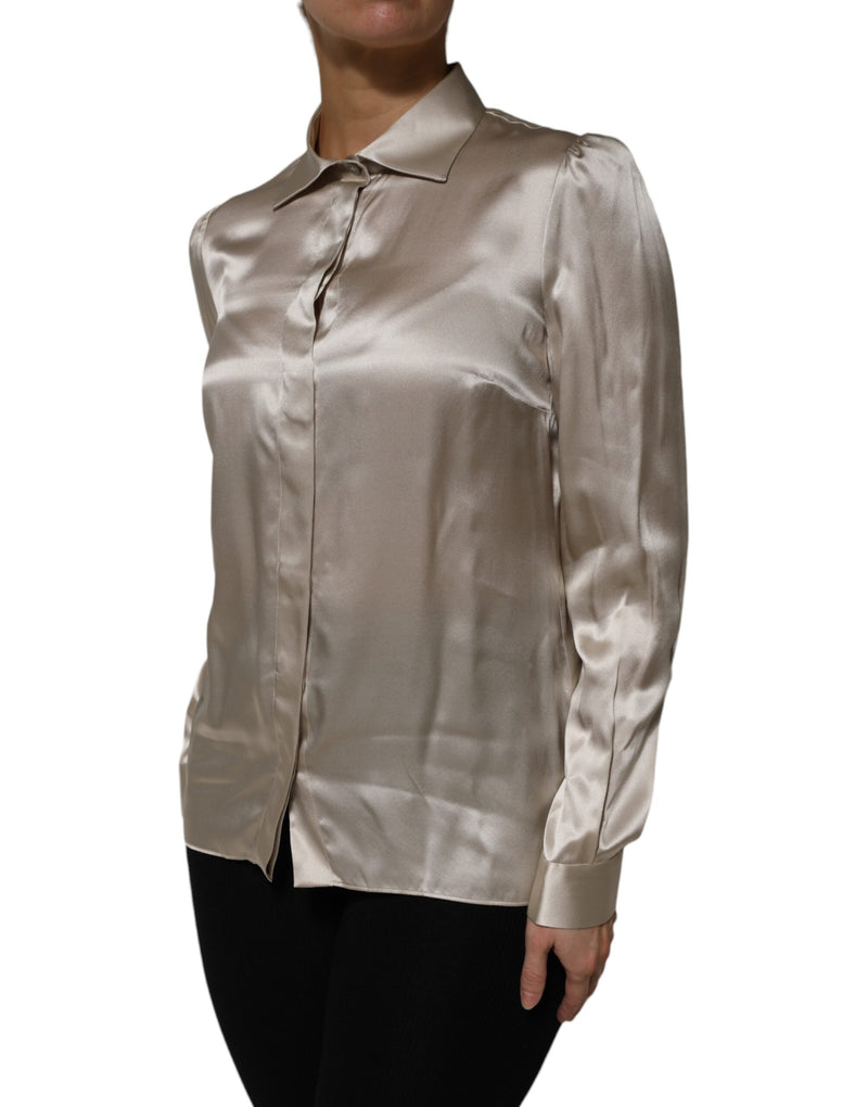 Dolce & Gabbana Top Long Manches Collier Satin Soie Beige