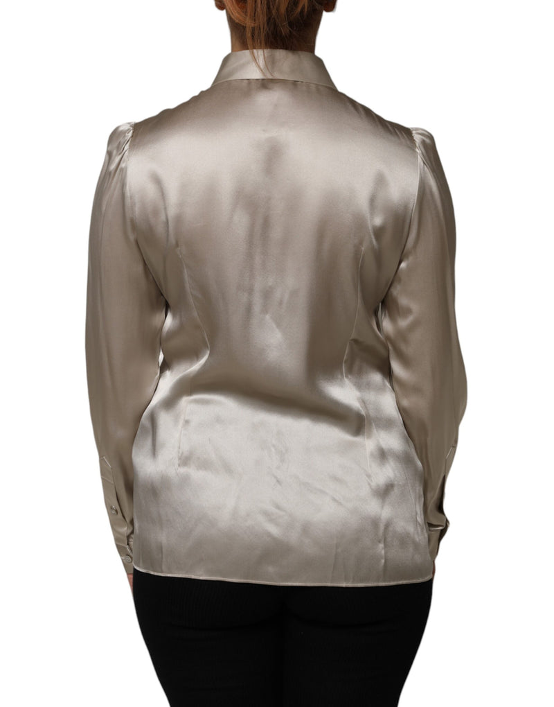 Dolce & Gabbana Top Long Manches Collier Satin Soie Beige