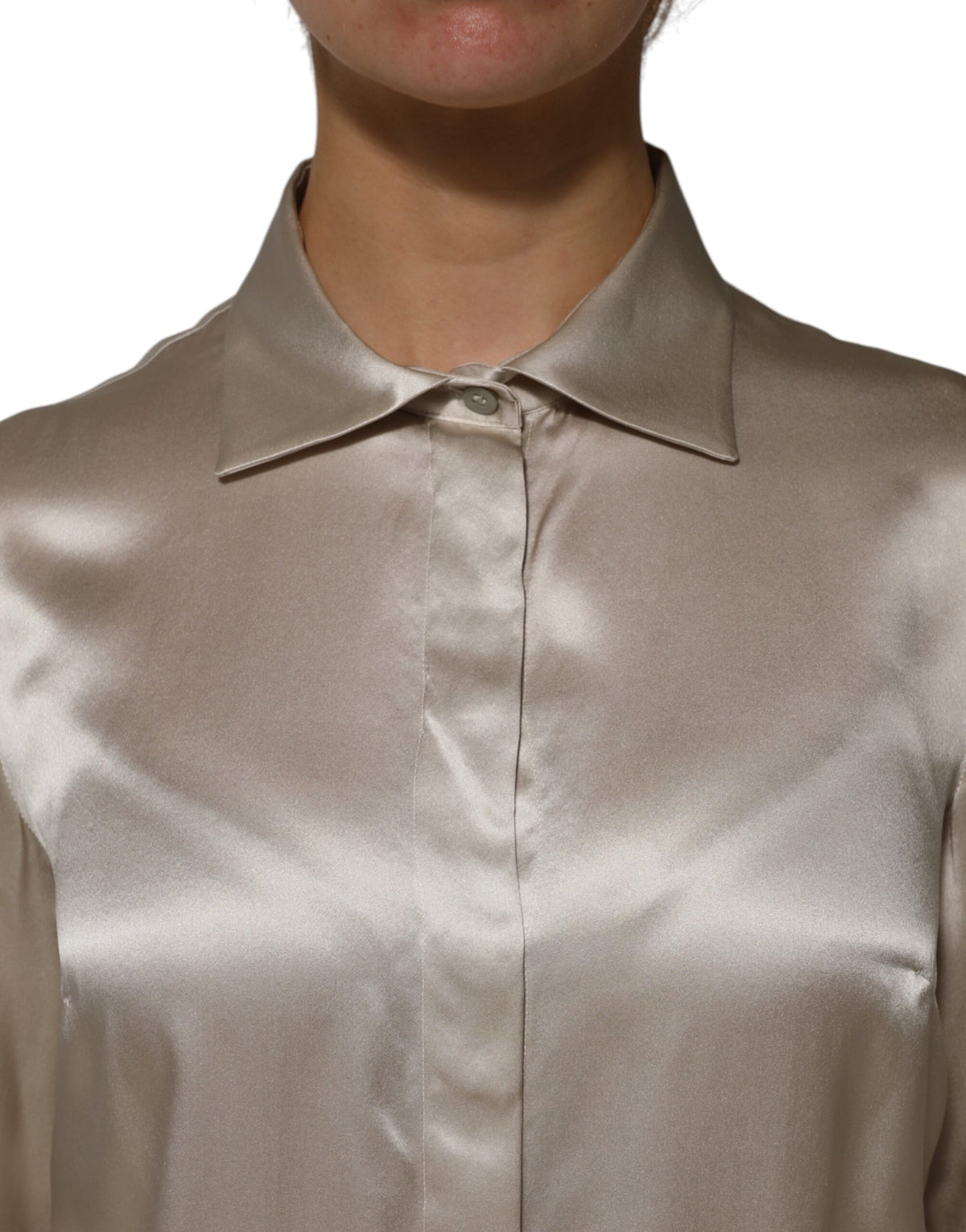Dolce & Gabbana Top Long Manches Collier Satin Soie Beige