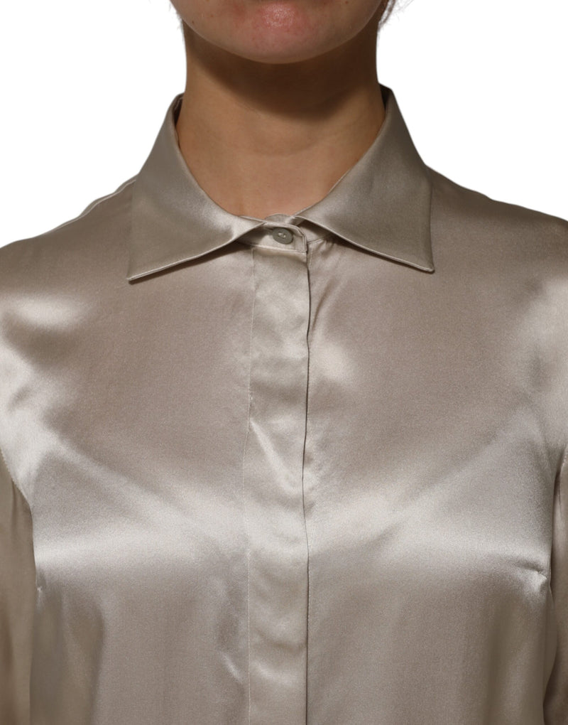 Dolce & Gabbana Top Long Manches Collier Satin Soie Beige