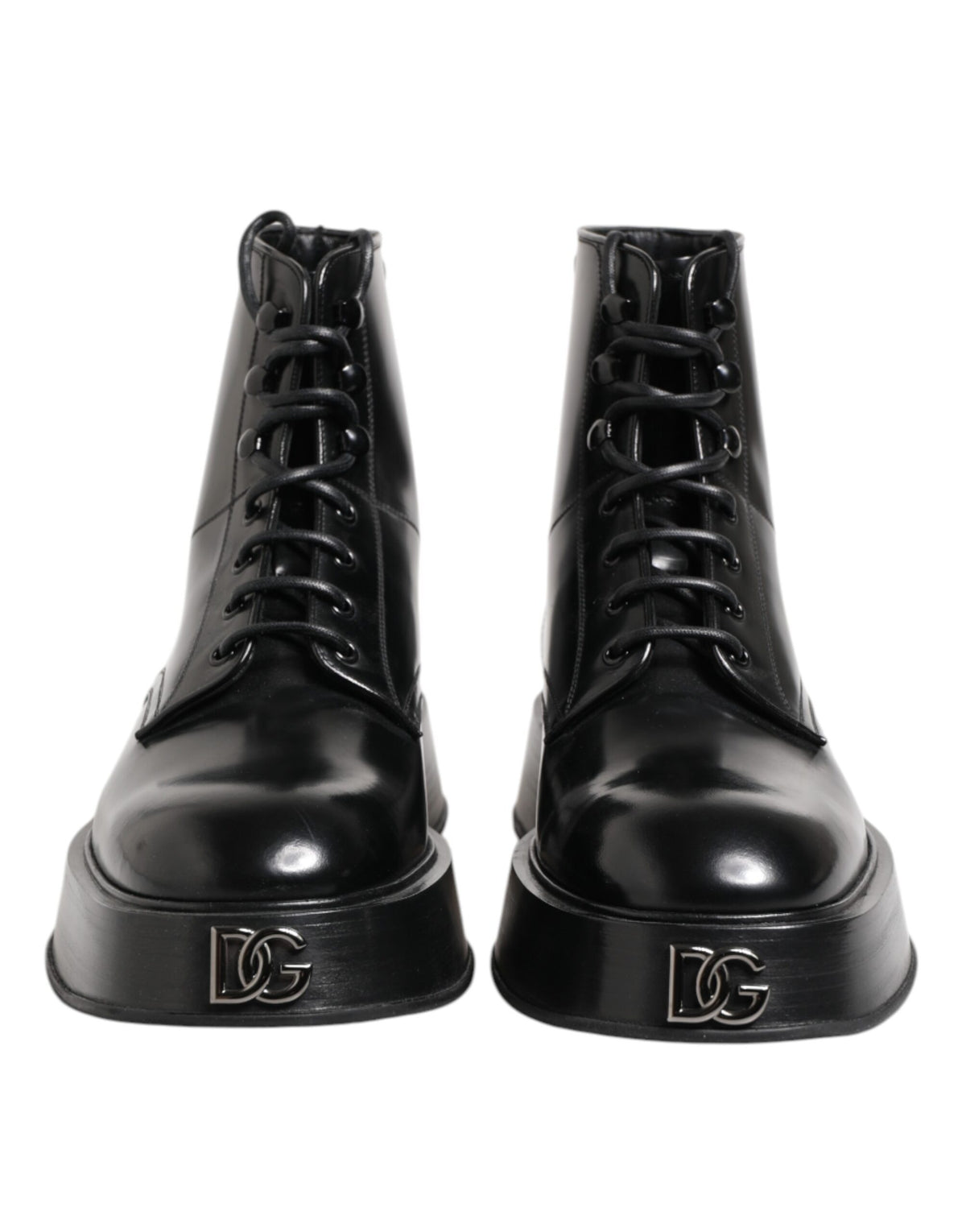 Dolce & Gabbana Black Leather Logo Ankle Boots - Lace Up Shoes