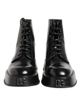 Dolce & Gabbana Black Leather Logo Ankle Boots - Lace Up Shoes
