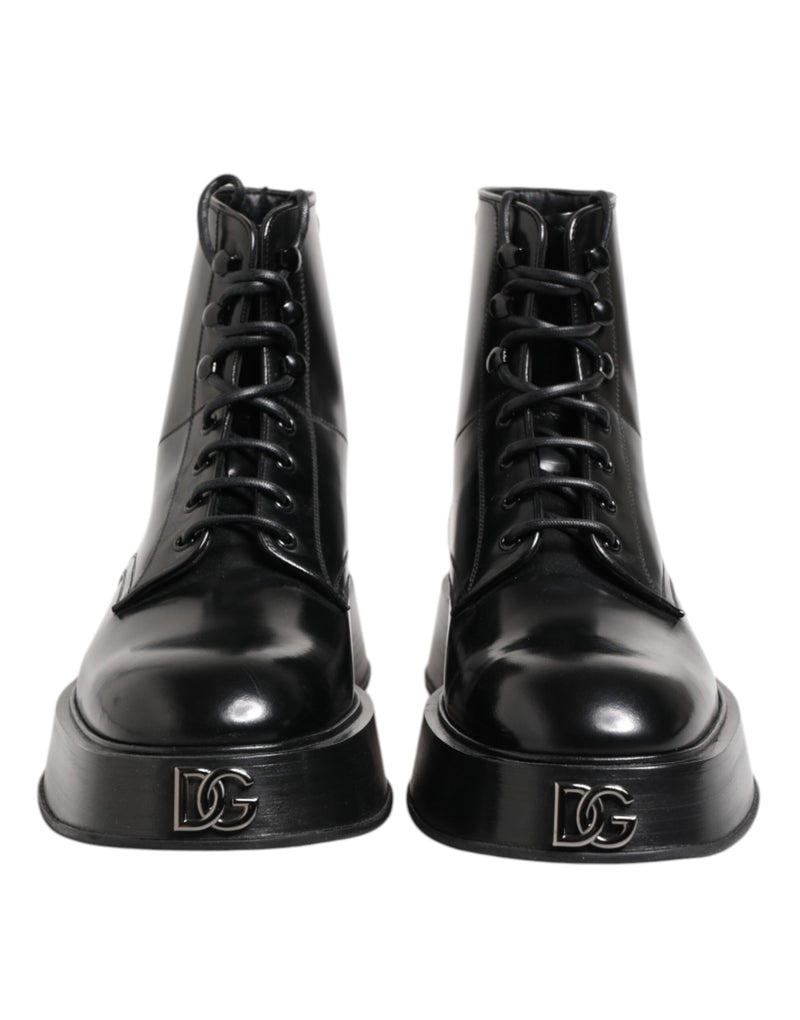 Dolce & Gabbana Black Leather Logo Ankle Boots - Lace Up Shoes