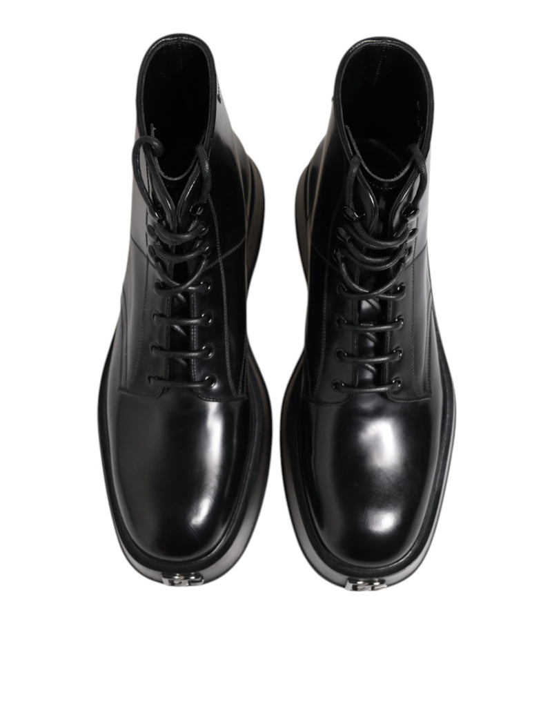 Dolce & Gabbana Black Leather Logo Ankle Boots - Lace Up Shoes