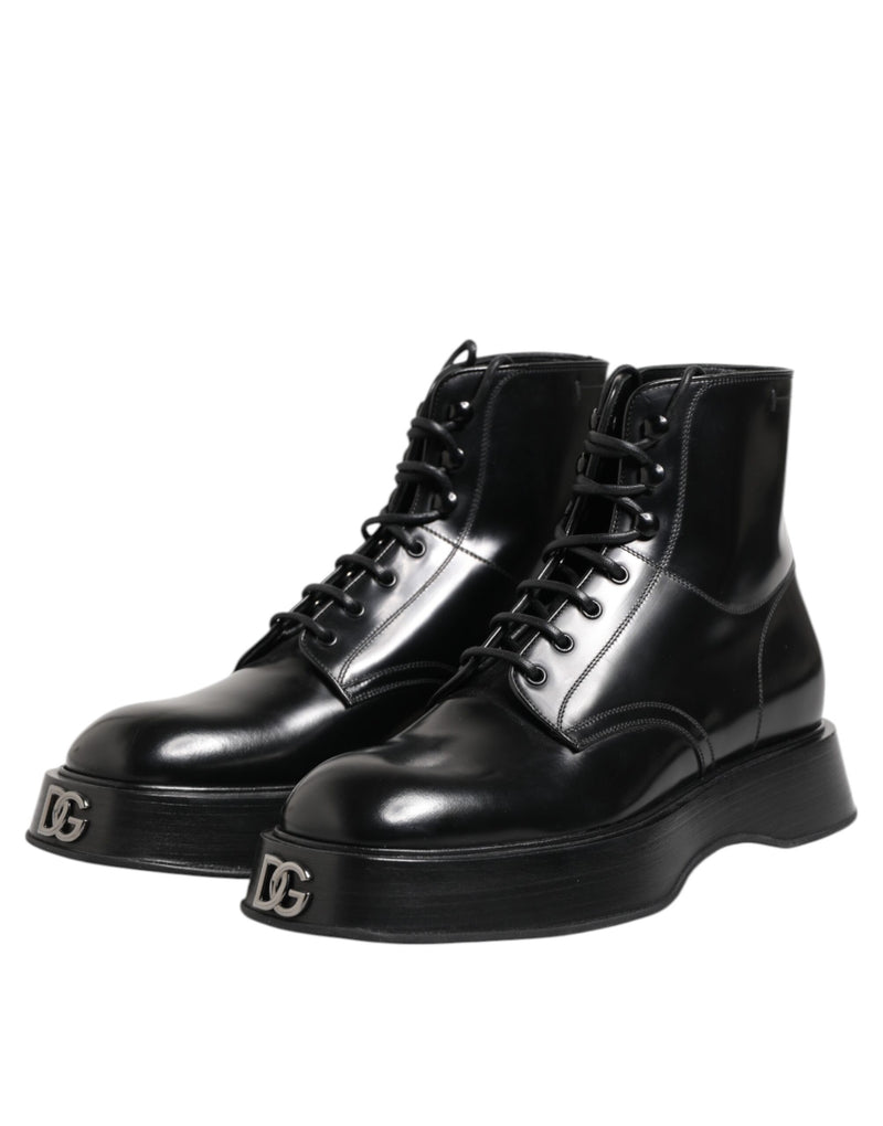 Dolce & Gabbana Black Leather Logo Ankle Boots - Lace Up Shoes