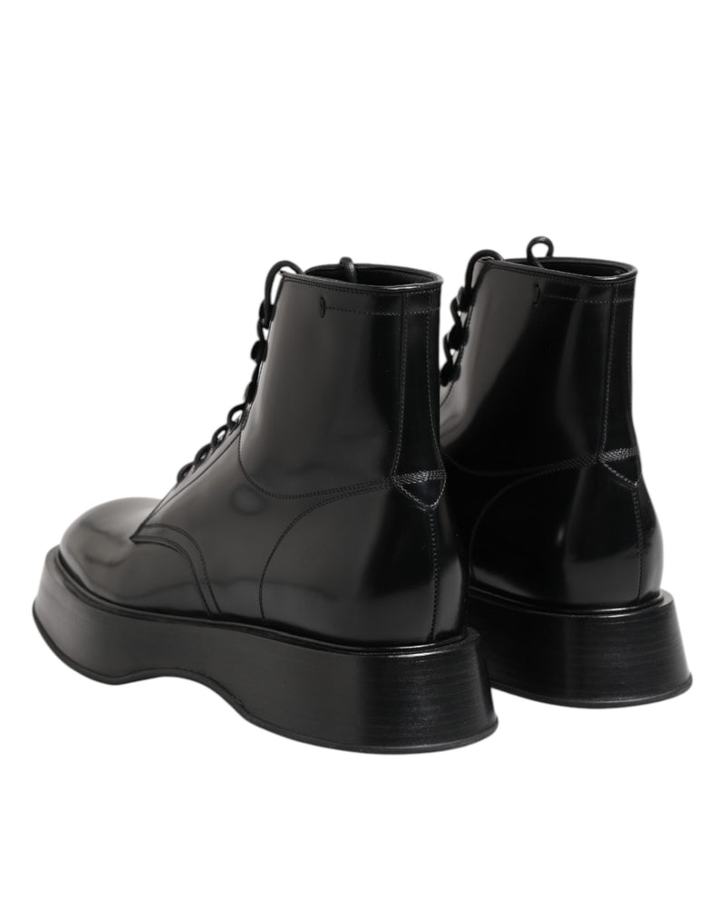 Dolce & Gabbana Black Leather Logo Ankle Boots - Lace Up Shoes