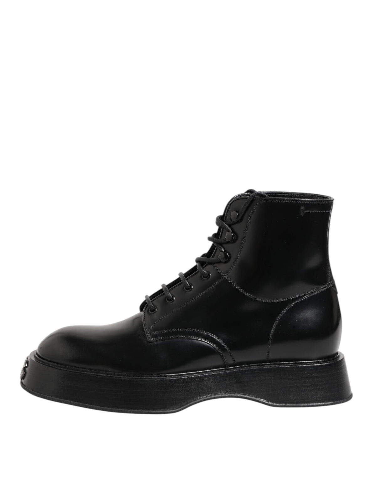 Dolce & Gabbana Black Leather Logo Ankle Boots - Lace Up Shoes