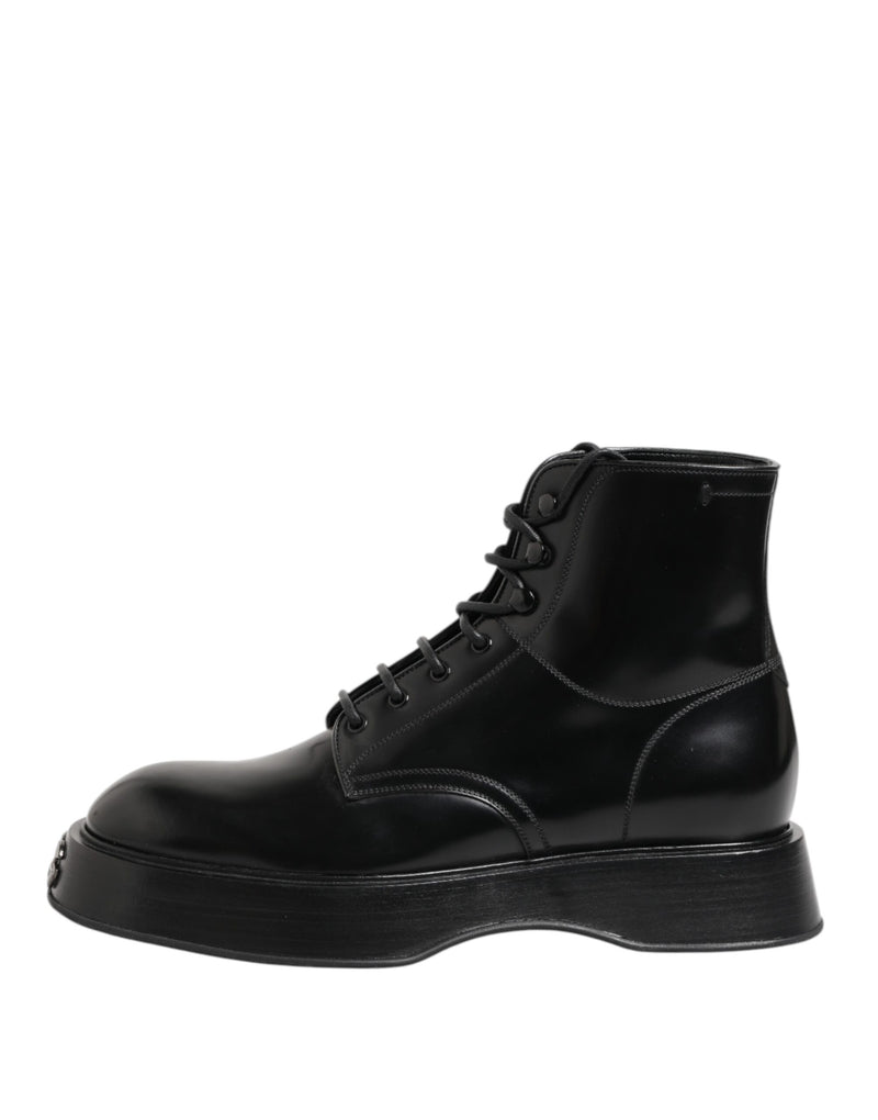 Dolce & Gabbana Black Leather Logo Ankle Boots - Lace Up Shoes