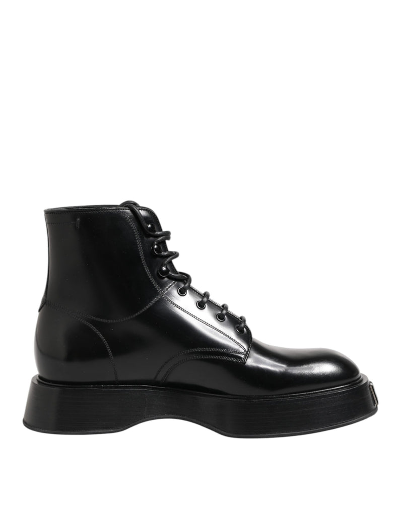 Dolce & Gabbana Black Leather Logo Ankle Boots - Lace Up Shoes