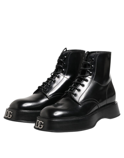 Dolce & Gabbana Black Leather Logo Ankle Boots Lace Up Shoes