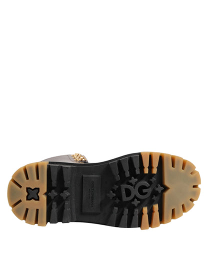 Dolce & Gabbana Brown Black Leather Boots Zipper Lace Up Shoes