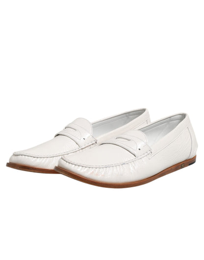 Dolce & Gabbana White Leather Loafers Moccasins Slip On Shoes