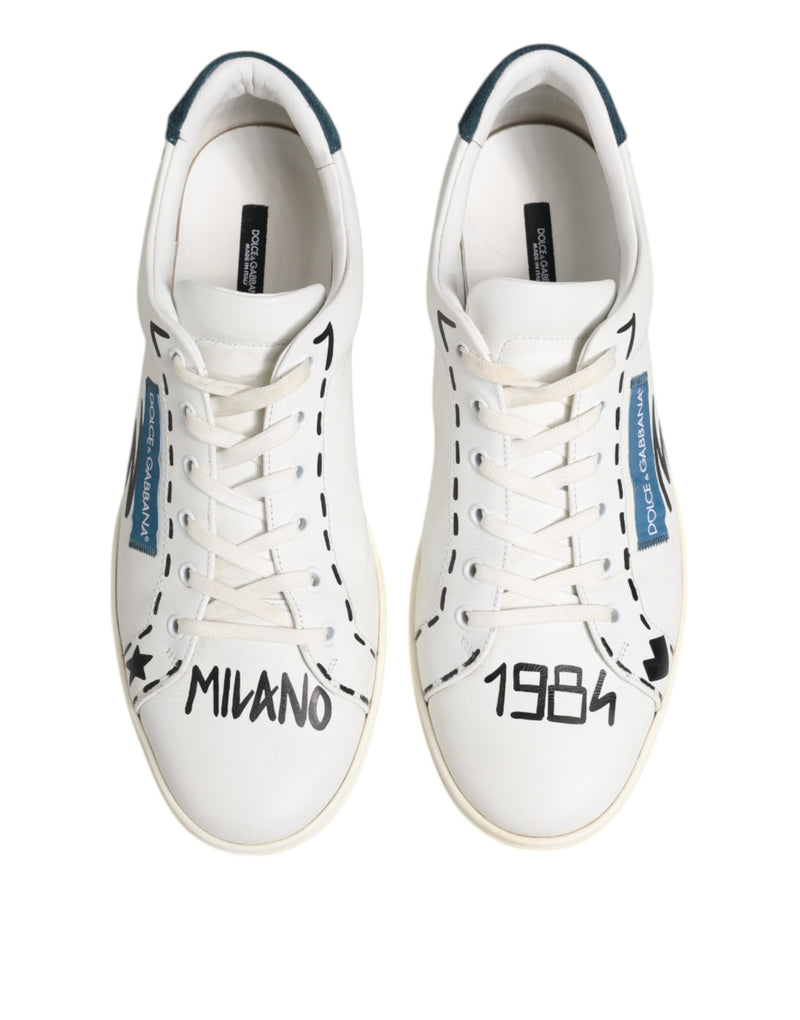 Dolce & Gabbana White Leather Printed Low Top Sneakers