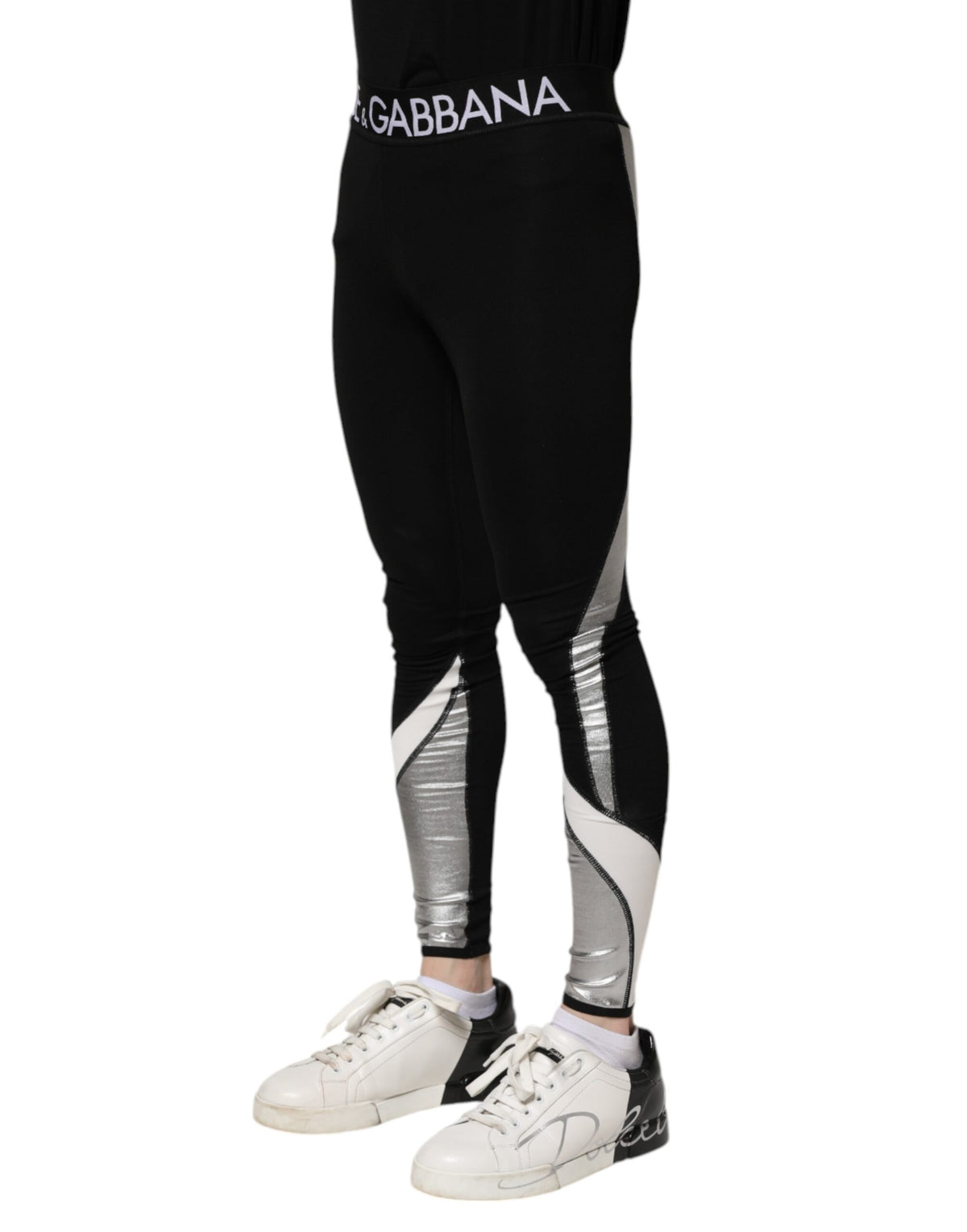 Leggings pantalons slim pour homme en nylon noir et argent Dolce &amp; Gabbana