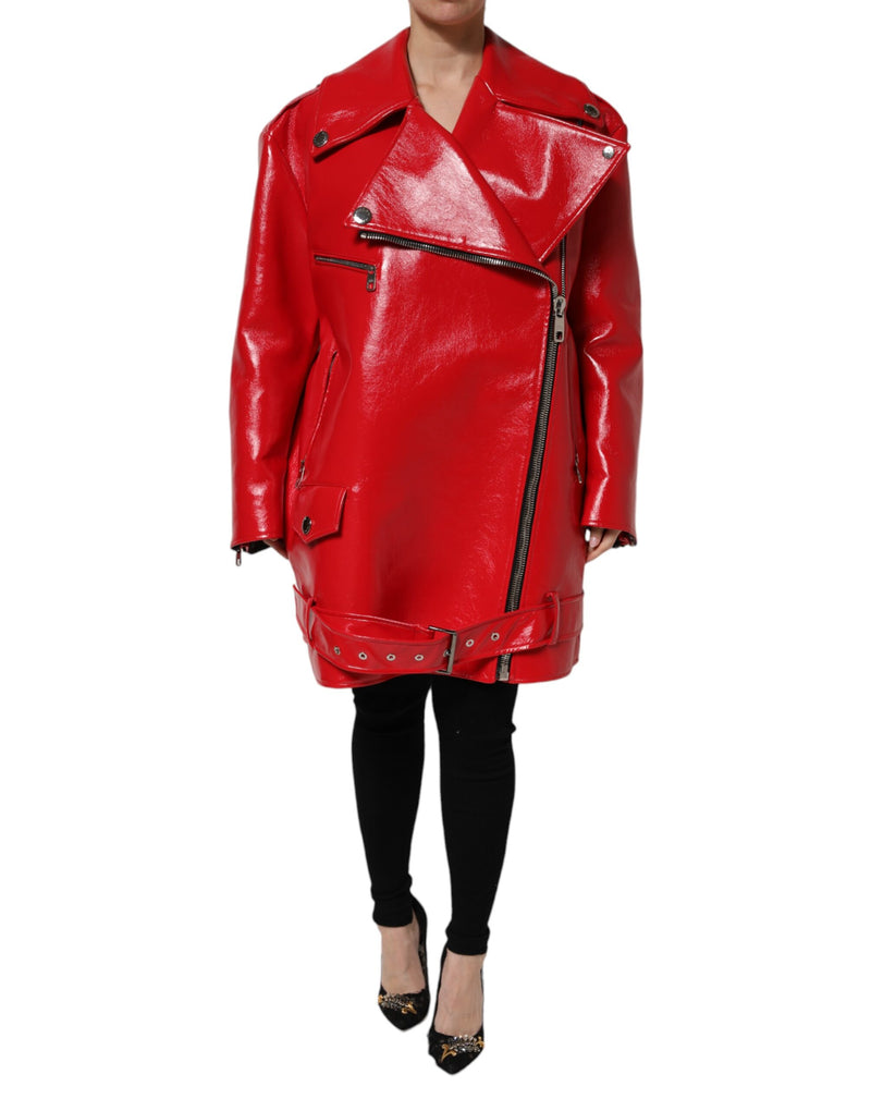 Dolce & Gabbana Veste Rouge en Cuir d'Agneau à Fermeture Éclair