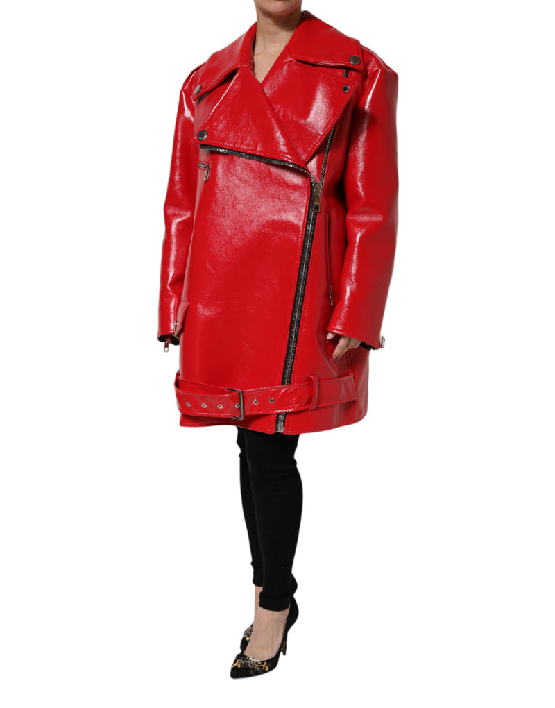 Dolce & Gabbana Veste Rouge en Cuir d'Agneau à Fermeture Éclair