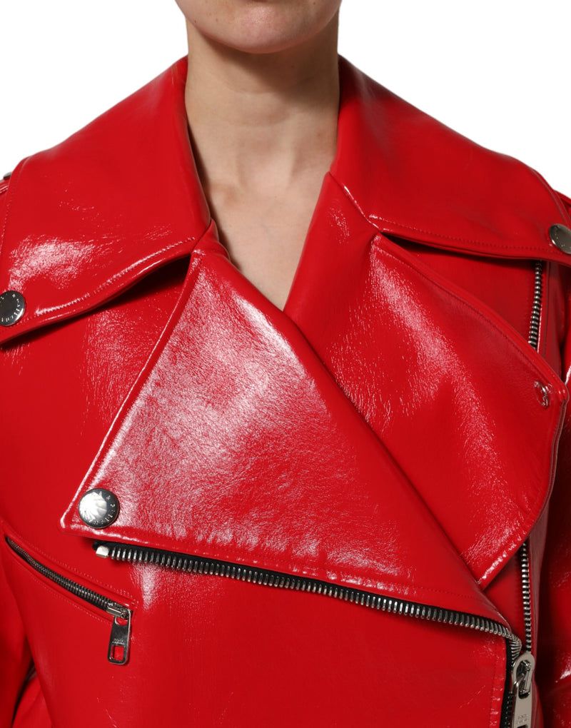 Dolce & Gabbana Veste Rouge en Cuir d'Agneau à Fermeture Éclair