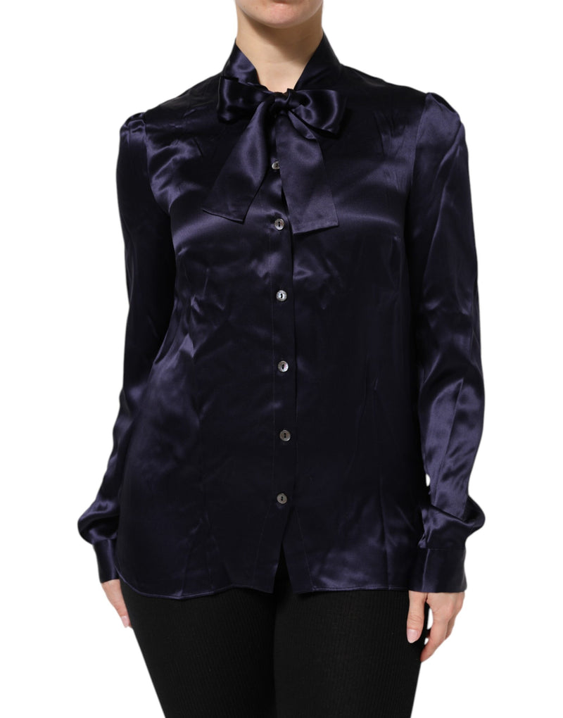 Dolce & Gabbana Blouse en Soie Violet Foncé avec Col Ascot