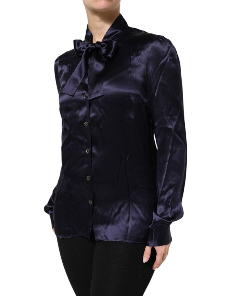 Dolce & Gabbana Blouse en Soie Violet Foncé avec Col Ascot