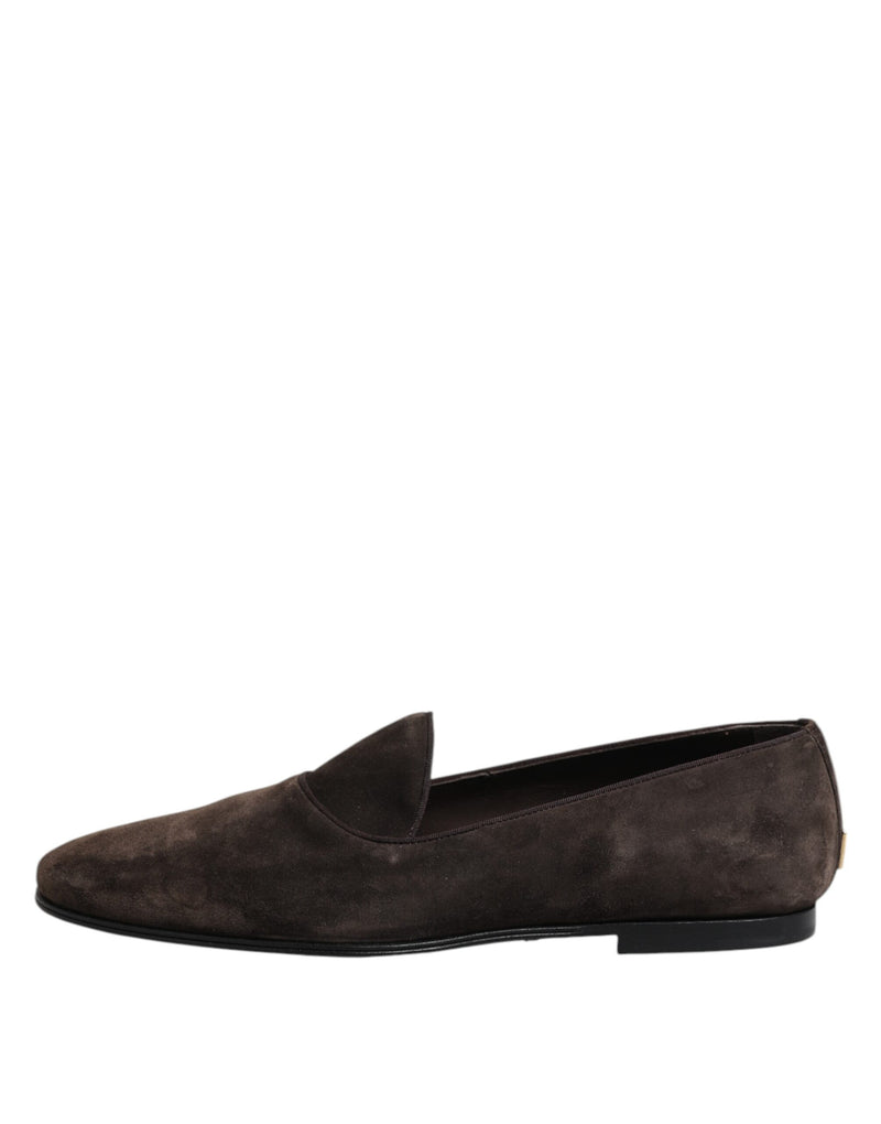 Dolce & Gabbana Brown Velvet Leather Slip On Loafers