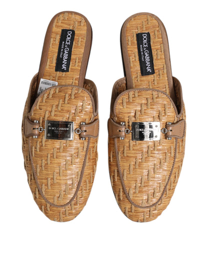 Dolce & Gabbana Beige Rattan Flat Mule Men Sandals Shoes