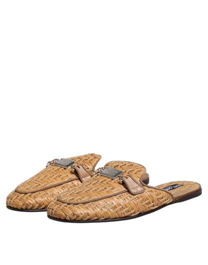 Dolce & Gabbana Beige Rattan Flat Mule Men Sandals Shoes