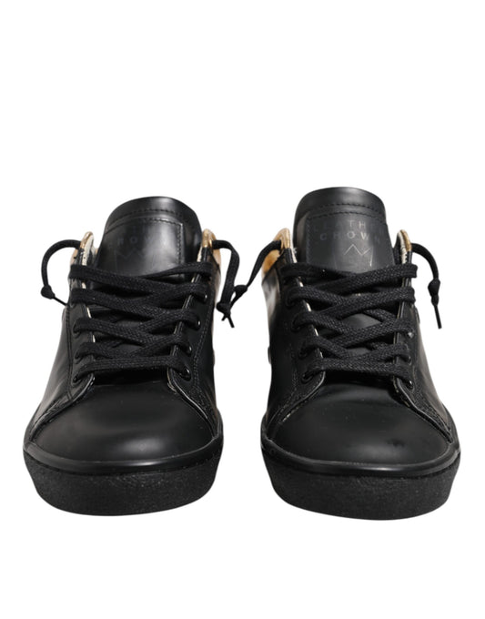 Leather Crown Sneakers Femme Basse en Cuir Noir et Or