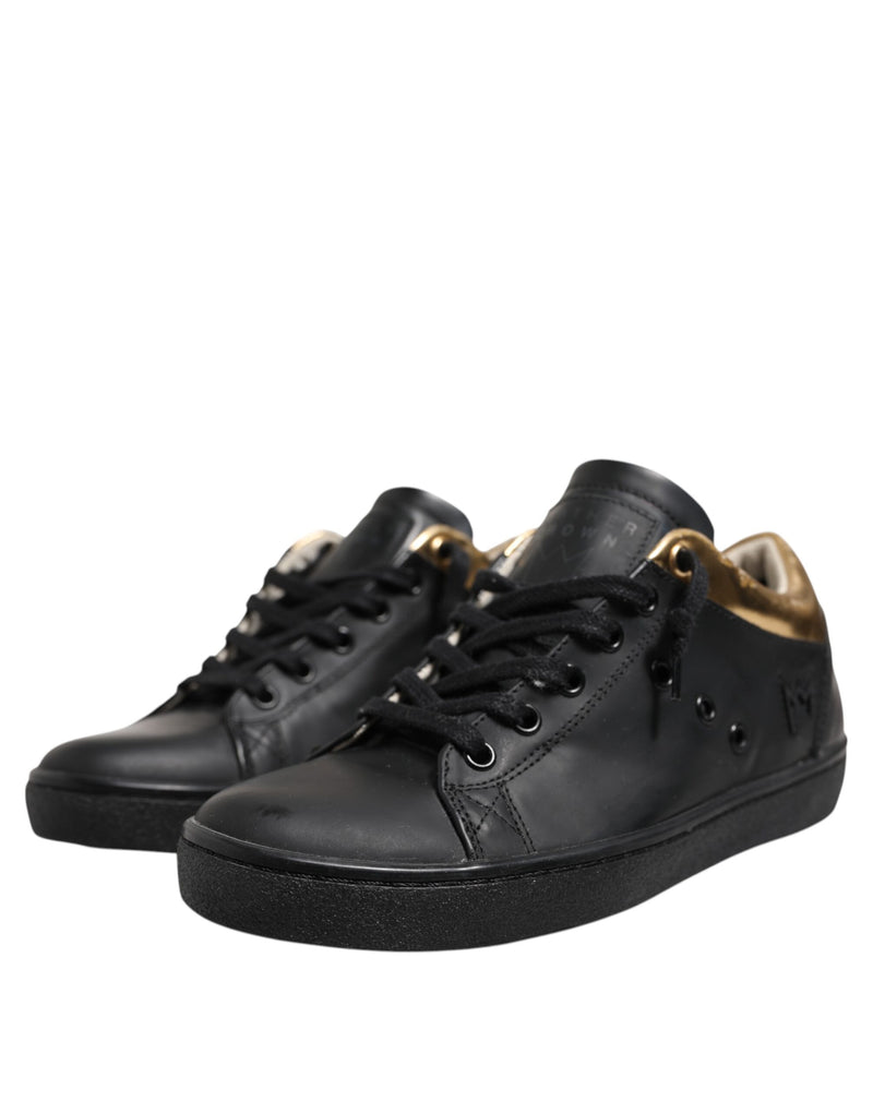 Leather Crown Sneakers Femme Noir Or Basses à Lacets