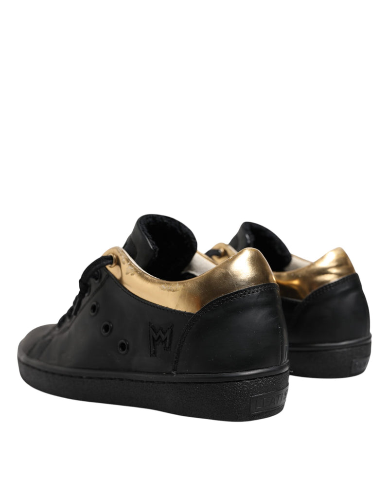 Leather Crown Sneakers Femme Noir Or Basses à Lacets